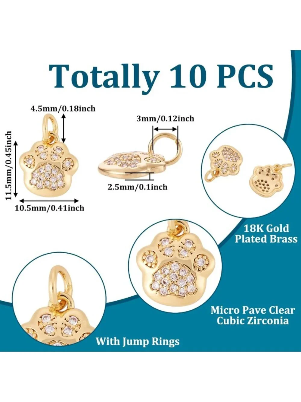 18K Gold Dog Paw Print Charms - 10Pcs Rhinestone Animal Pendants for Jewelry
